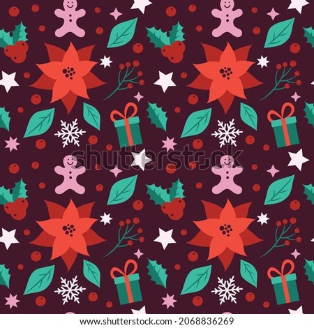 Christmas details set in a modern flat art style. Seamless pattern on a purple background. Festive vector illustration. Poinsettia flower, stars, a cookie, berries,snowflake, a gift and green leaves.
