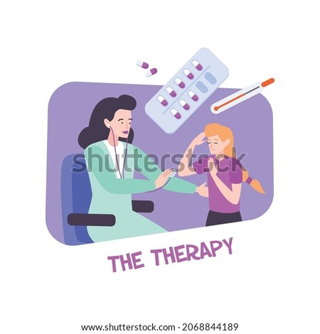 Pediatric composition with flat icons of pills and drugs with adult doctor and child patient vector illustration