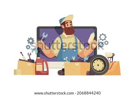 Video blogger composition with desktop computer and human character surrounded by gear icons and signs vector illustration