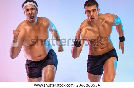 A very fat man jogging to lose weight and become a slim athlete. Running sport man. Awesome Before and After Weight Loss fitness Transformation. Fat to fit concept. Royalty-Free Stock Photo #2068863554