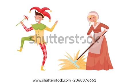 Medieval people set. Peasant woman and jester European middle ages historical characters cartoon vector illustration Royalty-Free Stock Photo #2068876661
