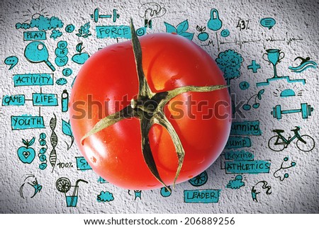 One fresh isolated tomato with healthcare infographics on old background