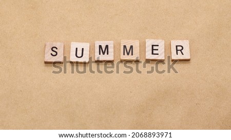 SUMMER spelt with wooden letter tiles isolated on brown background with copy space