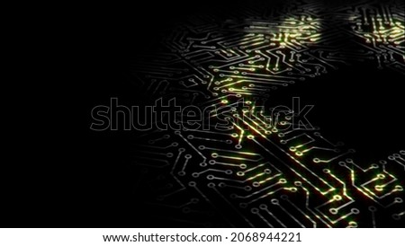3D rendering of an electrical pulse passing through the circuits of a microcircuit. The background is based on an energy wave on a computer board