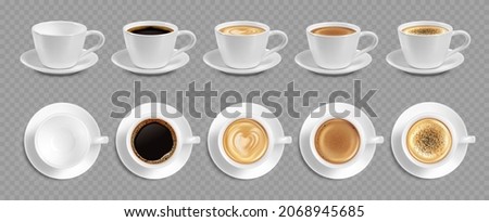 Realistic coffee cup set with different color hot drink. Black coffee, cappuccino, espresso, macchiato, mocha. Vector illustration. Royalty-Free Stock Photo #2068945685