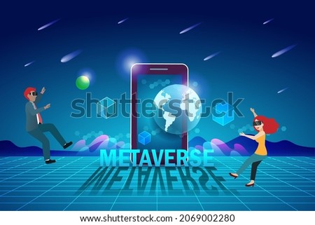 Metaverse, virtual reality technology, user interface 3D experience with smartphone and digital devices. Man and woman with VR headset glass online connecting to virtual space and universe. Royalty-Free Stock Photo #2069002280
