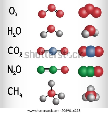 Water, carbon dioxide, methane, nitrous oxide, ozone molecule. Greenhouse gases. Chemical formula and molecule model. Vector illustration Royalty-Free Stock Photo #2069016338