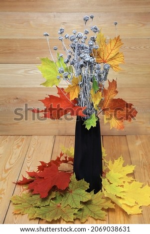 Beautiful autumn maple leaves in a vase.  Yellow sunflower flower. Autumn concept. Bright colors from green, yellow and red. Still-life. the veins of the leaves and the texture of the leaves