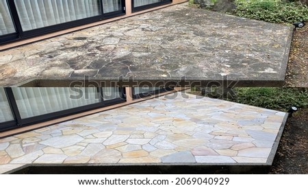 Before and after, cleaning on an old external natural marble floor Royalty-Free Stock Photo #2069040929
