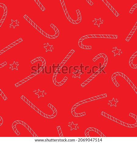 Christmas candy cane and stars seamless pattern. Doodle style. Line art. Background for greeting card on Christmas and New Year. Vector illustration