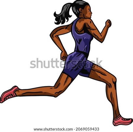 female running athlete in blue vector sport clip art illustration