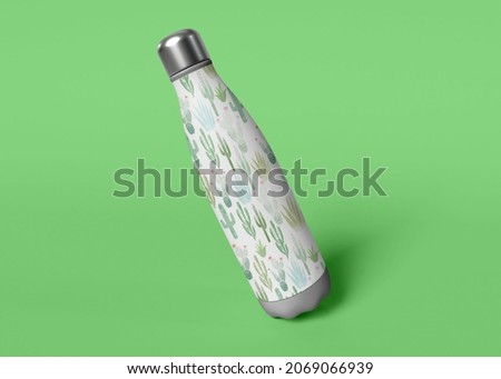 white photo tumbler with beautiful little cactus design and light green background Royalty-Free Stock Photo #2069066939