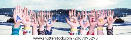 Children Hands Building Word Alles Liebe Means Best Wishes, Winter Background