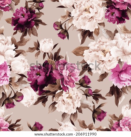 Seamless floral pattern with roses on light background, watercolor. Vector illustration.