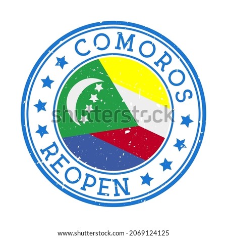 Comoros Reopening Stamp. Round badge of country with flag of Comoros. Reopening after lock-down sign. Vector illustration.