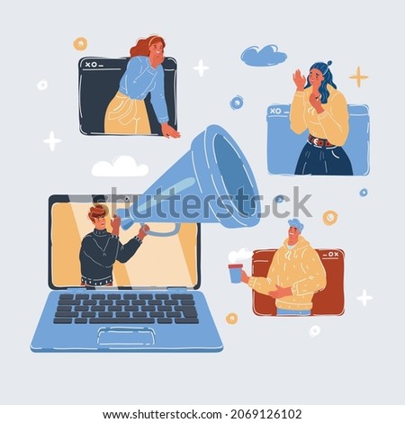 Cartoon vector illustration of Online marketing. Different people profile in social net. Man and woman in message windows