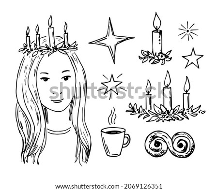 Hand-drawn black outline vector set. Celebrating Saint Lucia's Day, traditional Swedish holiday, Christmas. Girl with a wreath on her head, candles, coffee and a saffron bun, stars. Ink sketch.