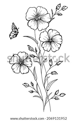 Graceful flowers with butterfly flying around for your design idea. Sketch bouquet of wildflowers. Royalty-Free Stock Photo #2069131952