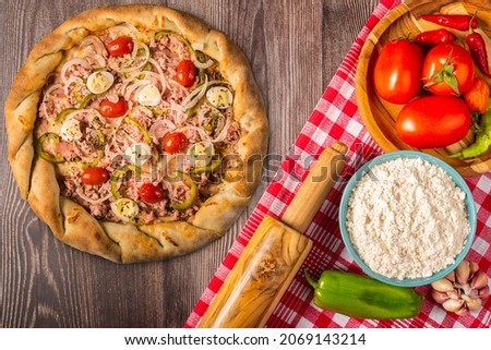 Delicious rustic pizza top view
