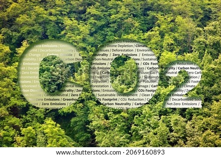 CO2 Net-Zero Emission - Carbon Neutrality concept against a forest with keywords Royalty-Free Stock Photo #2069160893