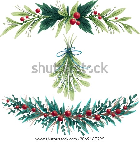 set of illustrations New Year's leaves and wreaths mistletoe for Christmas