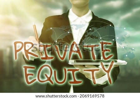 Text caption presenting Private Equity. Conceptual photo Capital that is not listed on a public exchange Investments Lady In Uniform Standing Holding Tablet Typing Futuristic Technologies.