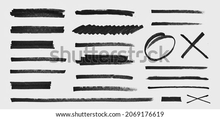 Realistic Rough Black Marker Brush Ink Line Stroke Set Isolated Collection. Grunge Paper Texture. Royalty-Free Stock Photo #2069176619