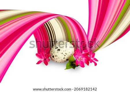 Happy Easter festive modern banner. Quail egg and spring flowers on a white background. Pixel stretch effect, mixed media.