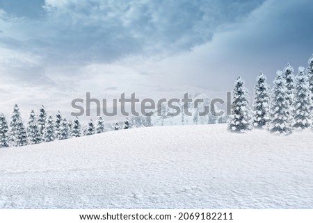 View of a snowy mountain and fir trees with blue sky background