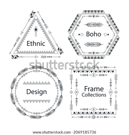 Boho frame. Ethnic mystic spiritual style frame. Magic, esoteric, tribal outline boho vintage frame design. Catcher. Spiritual decoration. Sacred boho fabric fashion decor. Vector illustration.