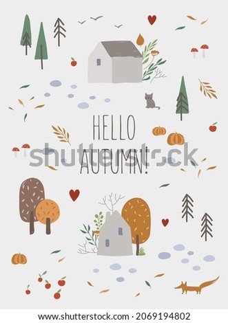 Autumn greeting card. Collection of the countryside signs: cottages, trees, pumpkins