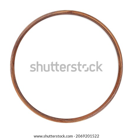 Wooden frame. Empty wooden frame with white blank backing board on white background. Round frame. Empty frame. The layout of the sign. Bulletin board.