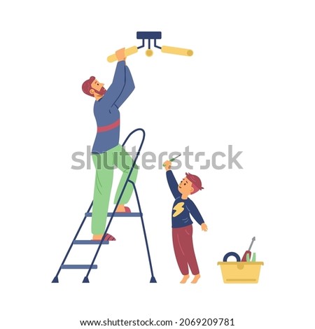 Father and son hang lamp together flat vector illustration. Man on a ladder fix light while little kid helps him with tools, isolated on white background.