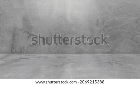 Empty gray wall room interiors studio concrete backdrop and floor cement, well editing montage display products and text present on free space cement background