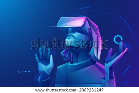 concept of virtual reality technology, graphic of a teenage gamer wearing VR head-mounted playing game Royalty-Free Stock Photo #2069231249