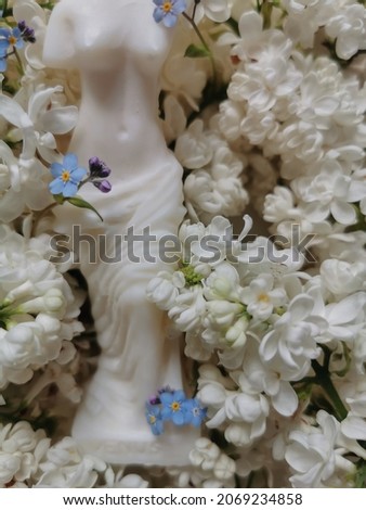 Soy candle in the form of the female body of the Venus on texture background of white lilac flowers and blue forget-me-not flowers. Close up