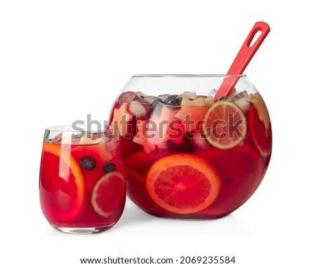 Glass and bowl of Red Sangria isolated on white Royalty-Free Stock Photo #2069235584