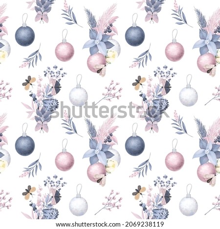 Christmas seamless pattern of pastel Christmas decorations, winter plants and moths, hand drawn illustration on white background