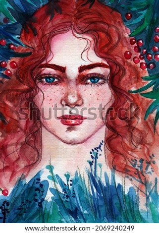 Watercolor hand painted on the watercolor paper cute red haired girl with blue eyes portrait for your art and creative space.Use this image for cards,poster,prints,book cover and more ideas.