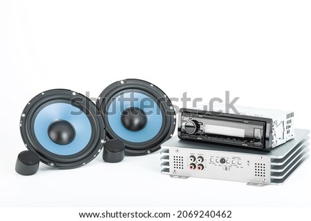 car audio, car speakers, subwoofer and accessories for tuning. White background.