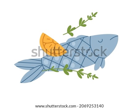 Whole fish with lemon slice and rosemary leaf for baking. Healthy seafood with herbs seasoning for cooking. Sea food with flavorings for roasting. Flat vector illustration isolated on white background