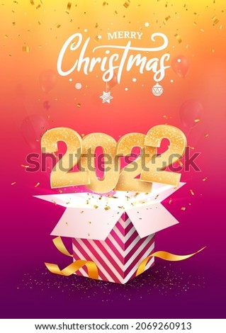 2022 Happy New Year vector illustration. Xmas celebrate on purple background. Merry Christmas celebration. Golden numbers fly out gift box