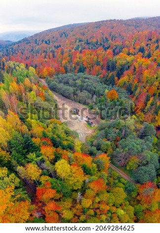 oil gas pump rocking chair in the Carpathians, Ukraine, autumn beech and coniferous forest. Energy independence. Aerial photo drone copter photo from a bird's eye view.