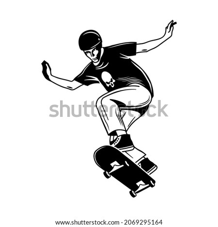 Skateboarding hand drawn engraving composition with character of jumping guy on skate board vector illustration