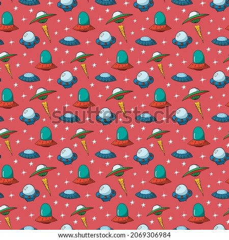 Ufo and aliens Seamless pattern. Cute Doodles space ships sketch. Hand drawn Cartoon Vector illustration.