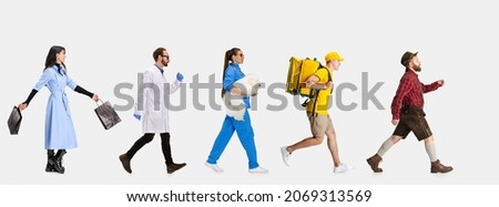 Walking. Group of gender mixed people with different professions, jobs walking ahead isolated on white studio background. Models in image of vet, cook, delivery man, chemist and shopaholic. Flyer