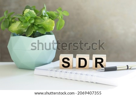 SDR text on a background on wooden cubes with a flower pot, notebook and pen on the table