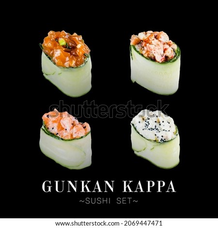 Set of Green Japanese Gunkan sushi different pieces with salmon, eel, scallop isolated on black background. Advertising menu banner with text space. Seafood variety 
