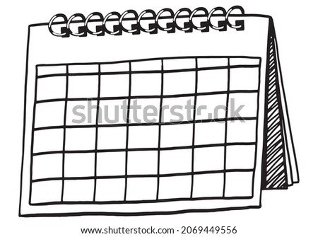 Desk calendar blank template in doodle style. Clip art for planning, diary, sticker. Hand drawn vector design element. Black ink contour drawing isolated on white background. Retro sketch style.