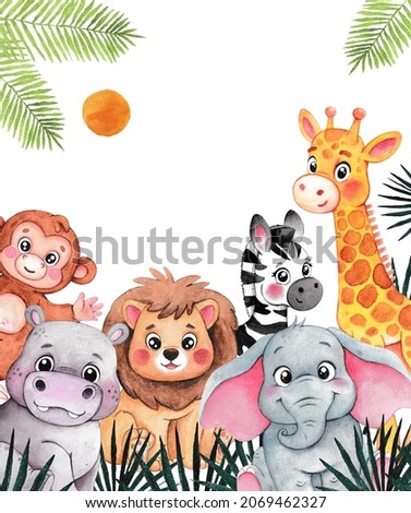 Watercolor frame with African animals. Children's holidays. Elephant, lion, giraffe, monkey, hippo, zebra.